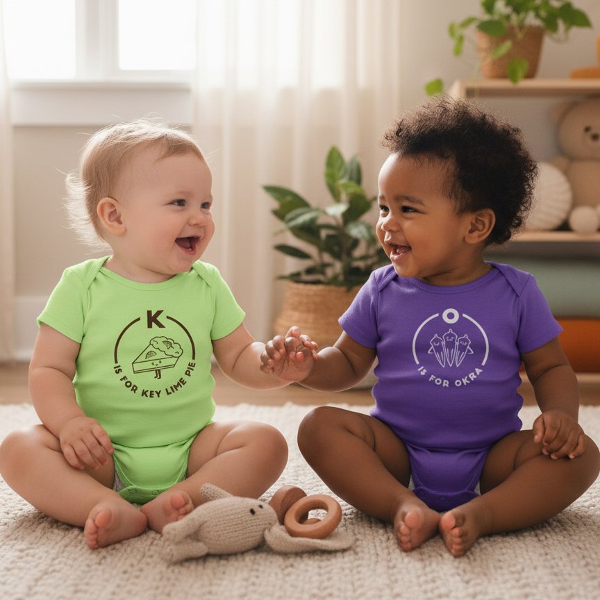 Two babies laughing in Happy Mango Southern Alphabet onesies